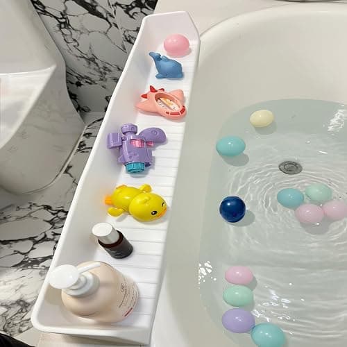 DubiLaka 31.5" Bathtub Splash Guard for Kids & Toddlers - Silicone Play Shelf & Toy Storage Tray with Strong Suction Cups to Prevent Water Spills, No-Leak Fun Bath Time - Tub Toy Holder Ledge,White - Image 1