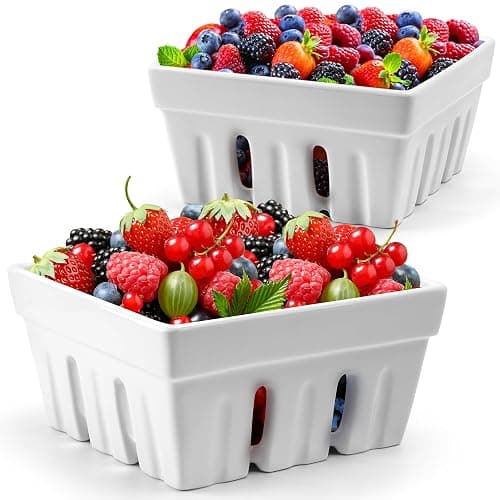 MIAMIO - Ceramic Berry Basket Set of 2 / Cute Kitchen Fruit Bowl with Draining Holes/Strawberry Storage Container - Image 1