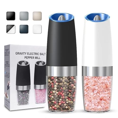 UNNEES Gravity Electric Salt and Pepper Grinder set of 2, Automatic Salt And Pepper Grinder Set, Adjustable Roughness, Battery Powered, LED Light, 2 Pack, (Black&White) - Image 1