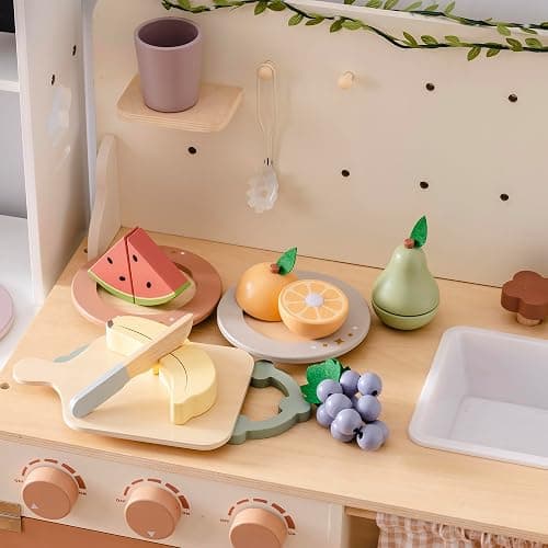 ROBOTIME Wooden Play Food Cutting Fruit Set, Pretend Play Toy Food for Play Kitchen with Shopping Bag – Kids Kitchen Accessories, Wooden Fruit Toys for Kids Boys Girls - Image 1