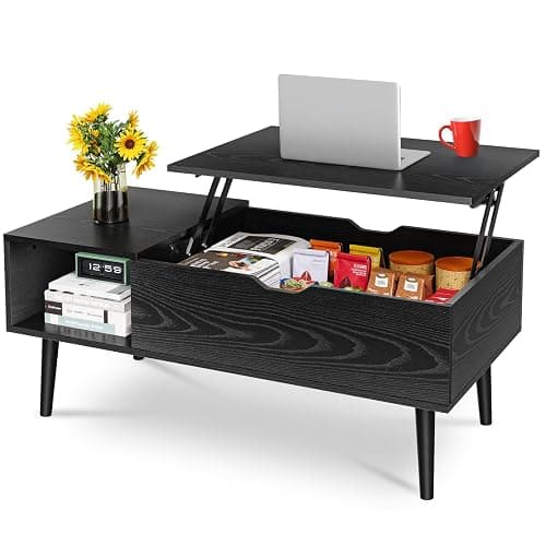 OLIXIS Wood Lift Top Coffee Table with Hidden Compartment and Large Storage Shelf, Lift Tabletop Dining Center Table for Home Living Room Office, Black - Image 1