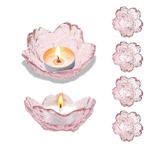 Glass Votive Candle Holders,Glass Seasoning Dishes,Cherry-Blossom Tea Bag Holders,Pink Flower Snack Dip Bowls,Set of 6 Tealight Pillar Trays for Party Housewarming Christmas Valentine Wedding Decor - Image 1