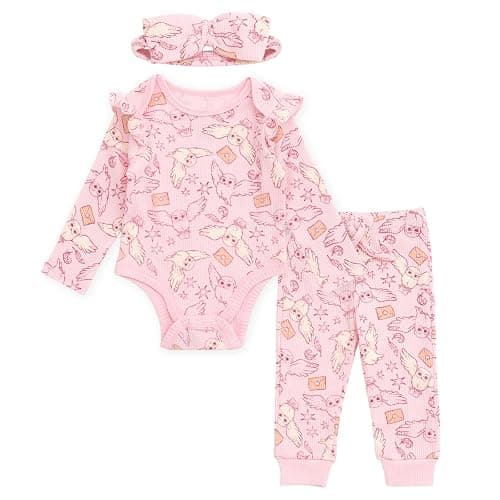 Harry Potter Baby Girls Ribbed Bodysuit, Jogger Pants & Headband 3 Piece Outfit Set Newborn to Infant Sizes (0-24 Months) - Image 1