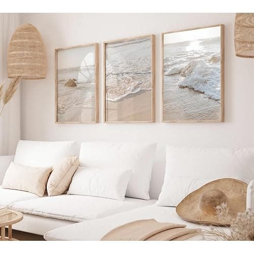 Beach Wall Art Decor Coastal Wall Art Pictures Ocean Canvas Wall Art Beige Beachy Wall Decor Boho Beach Prints Ocean Painting Coastal Artwork for Bedroom Living Room 12x16 Inch Unframed Set of 3 - Image 1