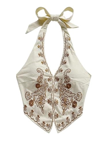 OYOANGLE Women's Summer Boho Halter Tops Western Tops Country Concert Tops | Halter,Embroidery,Backless,Bandana Top,Country Concert Outfits for Women,Festival,Vintage Tank Top - Image 1