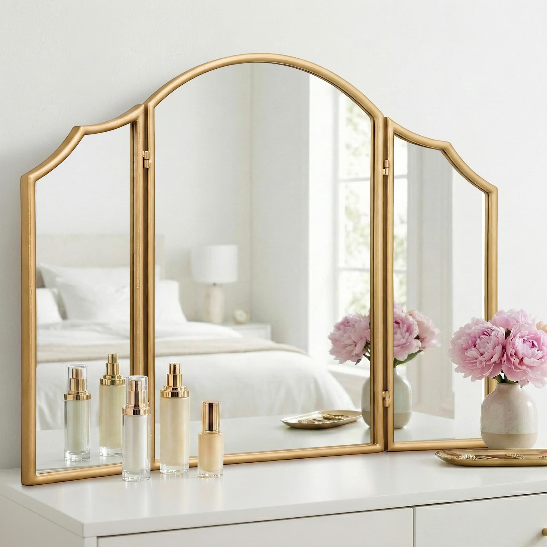 Besdomus Gold Scalloped Vanity Mirror: 36"x24" Large Modern Three Sided Dresser Miror - Minimalist Wood Frame 3 Way Trifold Mirrors for Bedroom/Cloakroom/Dressing Room - Home Decor for Housewife - Image 1
