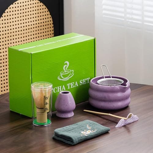 7Pcs Japanese Matcha Tea Set, Matcha Kit with Matcha Bowl (with Pouring Spout), Matcha Whisk, Whisk Holder, Strainer - Elegant Matcha Set for Gifting and Personal Use, Gift Box Packaging (Purple;) - Image 1