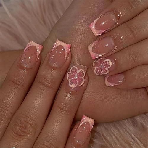 24pcs Short Square False Acrylic Press On Nails Reusable 3D Embossed French Tip Design with Cute Flowers (Pink-631) - Image 1