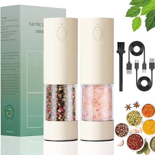 OPIIV Electric Salt & Pepper Grinder Set (2 Pack) – USB Rechargeable, Adjustable Coarseness, One-Handed Operation with LED Light – Automatic Spice Mill Shaker for Kitchen, Dining, or Camping - Buttercream - Large - Image 1