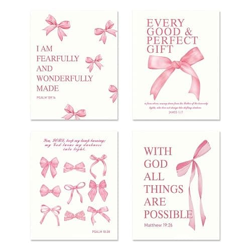Pink Bow Prints Poster Wall Art Coquette Room Decor, 8x10 Inch Canvas Prints Unframed Set of 4, Pink Room Decor for Teen Girls Bathroom Wall Art Posters - Image 1