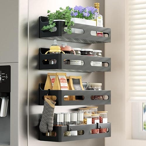 Sevenblue 4 Pack Magnetic Spice Rack for Refrigerator, Spice Rack Organizer, Moveable Magnetic Shelf Fridge Organizer with 4 Hooks for Kitchen and Oven Organization, Black - Image 1