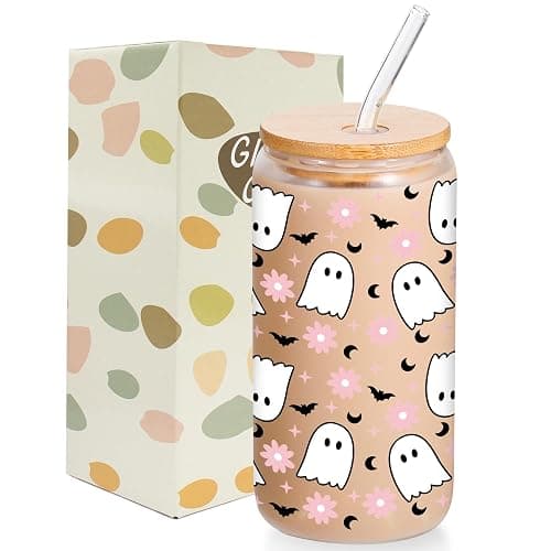 Lamyba Boo Basket Stuffers for Women Adults Teens Girls - 16oz Cute Pink Ghost Bats Halloween Glass Cups with Lid & Straw, Halloween Drinking Bottle - Image 1