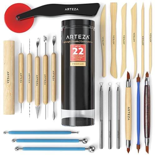 ARTEZA Pottery & Polymer Clay Tools, 22-Piece Sculpting Set with Steel Tips and Wooden Handles, Craft Kit for Pottery Modeling and Carving - Image 1