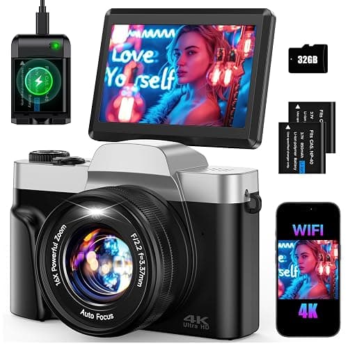4K Digital Camera for Photography 64MP WiFi Vlogging Camera for YouTube Autofocus 3" 180° Flip Screen 16X Zoom Compact Travel Cameras with Anti-Shake, SD Card, 2 Batteries & Battery Charger - Image 1