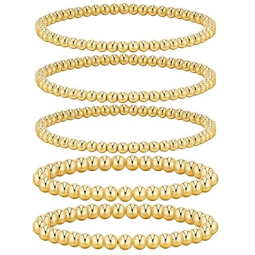 5Pcs 14K Gold Plated Bracelets Set Stackable Strand Stretch Trendy Adjustable Elastic Flat Bead Ball Bracelet Stack Bracelets Jewelry Gifts for Women - Image 1