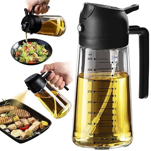 TrendPlain 16oz/470ml Glass Olive Oil Sprayer for Cooking – 2 in 1 Olive Oil Dispenser Bottle for Kitchen Gadgets and Air Fryer Accessories, Salad, BBQ - Black - Image 1