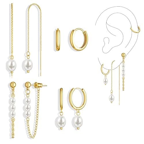 Moodear Gold Hoop Earrings for Women No Tarnish - Dainty Pearl Drop Dangle Huggie Hoops Trendy Earring Sets for Multiple Piercing Hypoallergenic Jewelry Gift - Image 1