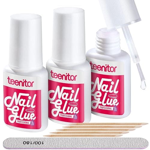 Teenitor Nail Glue for Press Ons, 3 Pack Best Nail Glue for Gel Tips with Nail Files, Super Strong Nail Glue for Broken Nail Brush on Nail Glue for Press on Nails - Image 1