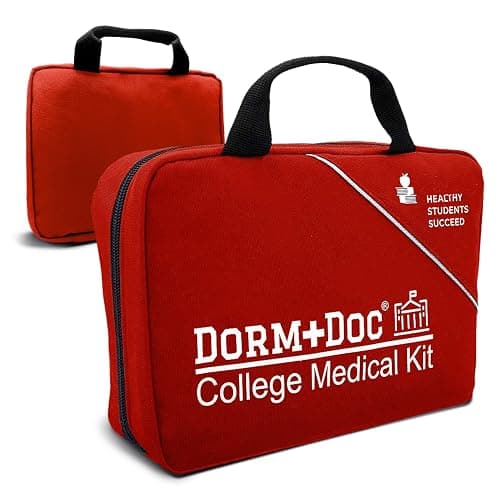DormDoc College First Aid Kit – Compact Emergency Medical Kit for Dorm Rooms, School, Sports – with Bandages, OTC Medicines for Relief, Gauze, Quick Care Set – Portable Health Kit - 175 PCS, Red - Image 1