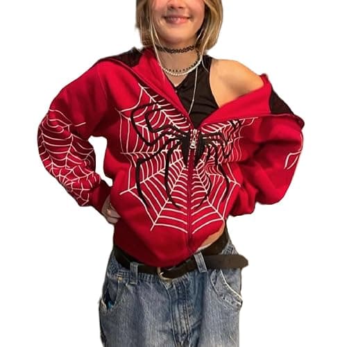 Asadovce Women Men Zip Up Y2k Oversized Hoodie Spider Graphic Full Zipper Sweatshirt Teen Girls Grunge Streetwear Jacket - Image 1