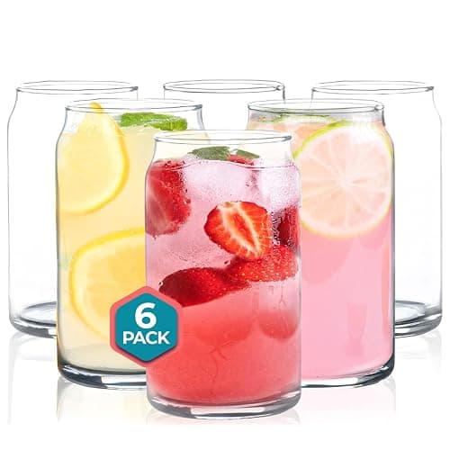 Can Shaped Drinking Glasses 16 oz - 6 Pack Beer Can Glass Cups Set, Clear Pint Beer Glasses for Soda, Water, Iced Coffee, Whiskey, Cocktails, Unique, Aesthetic Kitchen Drinkware, Dishwashable - 16oz - Image 1