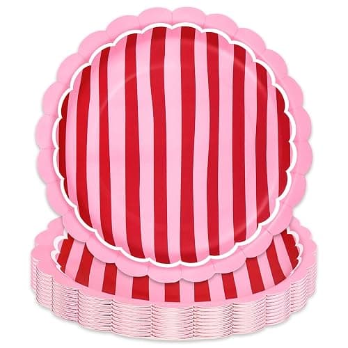 JarThenaAMCS 30Pcs Stripe Paper Plates Disposable Plate Red Pink Scalloped Stripe Dinner Plate for Valentine's Day Wedding Cherry Theme Party Table Decor - Image 1