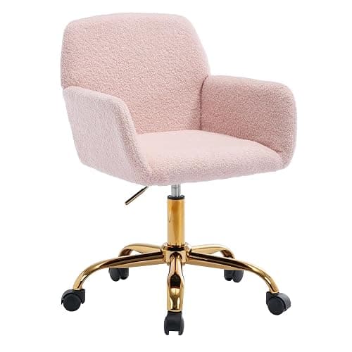 KCC Faux Fur Vanity Makeup Desk Chair, Comfy Fluffy Swivel Modern Leisure Armchair with Wheels, Upholstered Fuzzy Height Adjustable for Teens Women Girls Elegant Home Office, Pink - Pink - Image 1