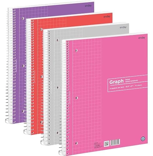 Emraw Graph Paper Notebook (4 Pack) Grid Notebook, Graph paper spiral notebook, Graph notebook, 4 Squares per inch Grid paper notebook, White Paper Quad Ruled Spiral Assorted Colors - by Enday - Image 1