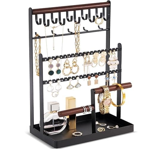 ProCase Jewelry Organizer Stand Necklace Organizer Earring Holder, 6 Tier Jewelry Stand Necklace Holder with 15 Hooks, Jewelry Tower Display Rack Storage Tree for Bracelets Earrings Rings -Black - Image 1