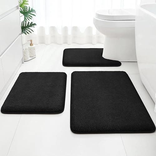 HOMEIDEAS Upgraded Bathroom Rugs Set 3 Piece, Extra Thick Absorbent Soft Memory Foam, Washable Toilet Bath Mat (Black) - Image 1