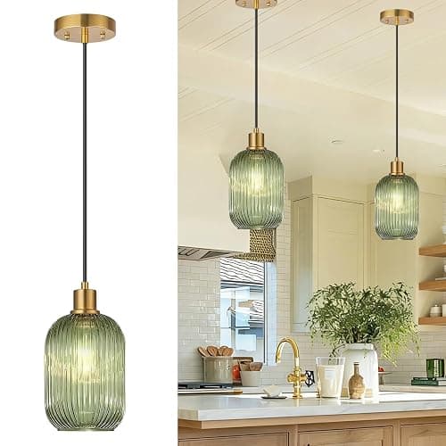 2 Pack Pendant Lights with Vintage Green Ribbed Glass Lampshade, Adjustable Brushed Gold Pendant Lights Fixtures for Kitchen Island Lighting Sink, Dining & Living Room Hallway (Bulbs Not Included) - Image 1