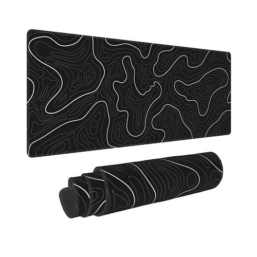 Topographic Map Mouse Pad Black White Large Gaming Mouse Pad XL Mousepad Big Desk Mat with Non-Slip Rubber Base Stitched Edges 31.5" X 11.8" Mouse Mat and Keyboard Pad for Gaming and Office - Image 1