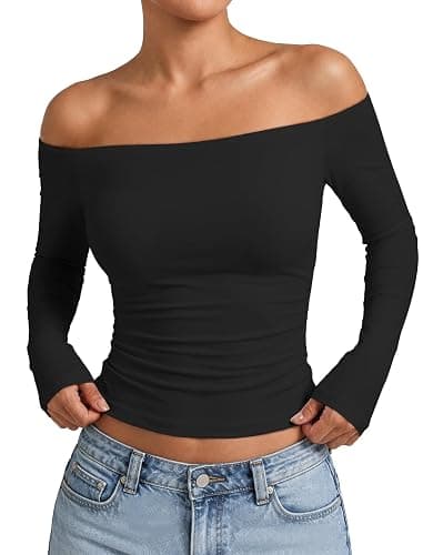 Matunana Womens Off The Shoulder Tops Going Out Long Sleeve Y2k Cute Shirts | Sexy, Boat Neck, Slim Fit, Date Night, Fall Clothes, Fashion, Trendy, Casual, Concert Outfits - Image 1