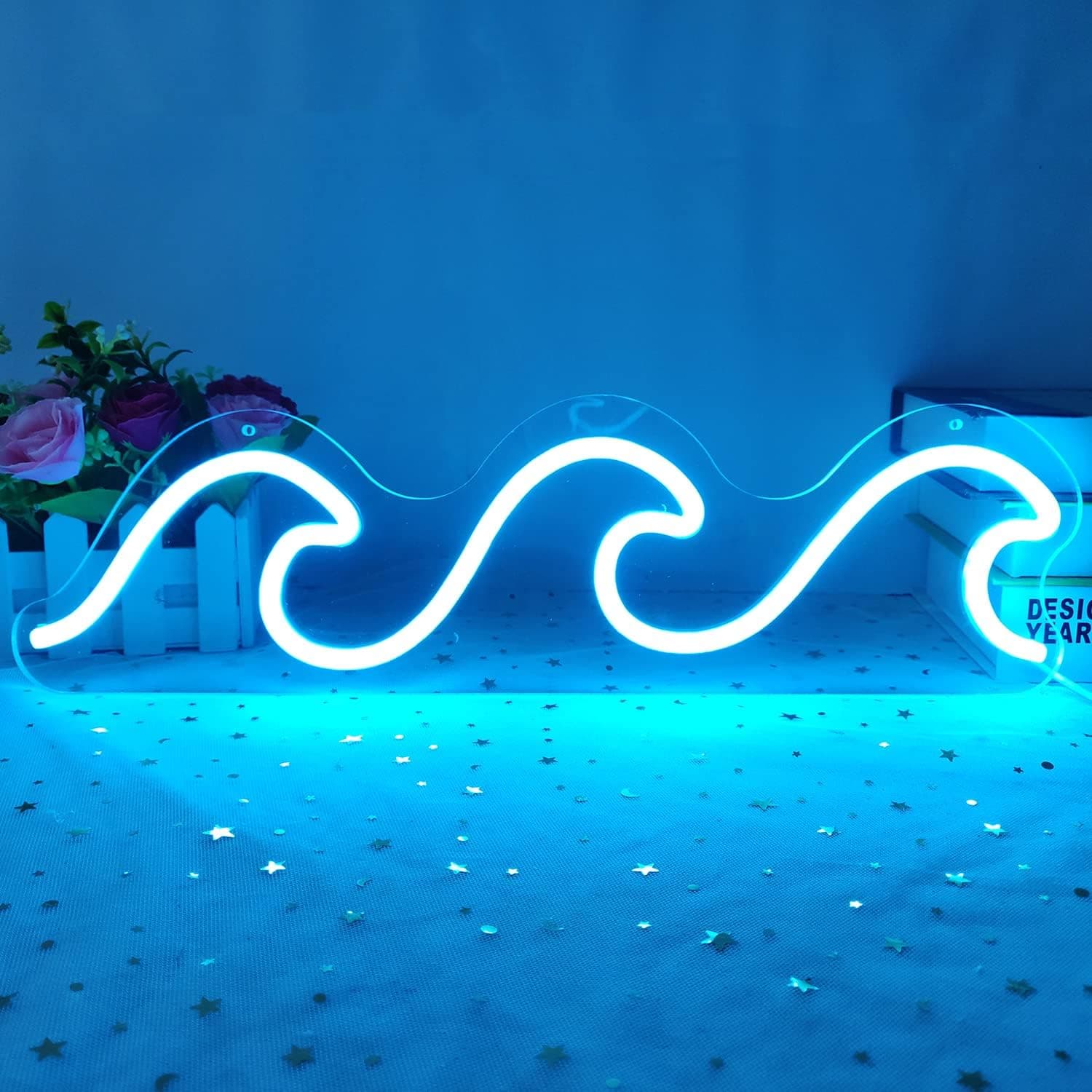 Wave Neon Signs for Bedroom Ice Blue Dimmable Wave Neon Light Art Wall Decor Wave Neon Signs for Wall Decor Living Room Bedroom Office Bar Birthday Party Christmas(16.5 X 5.1 Inch) - C-Wave - Image 1