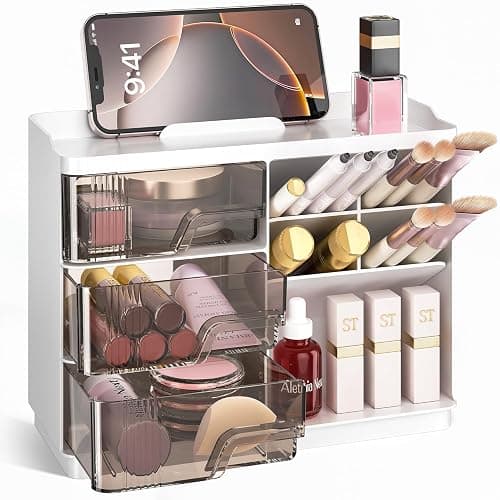 Delamu Makeup Organizer with Drawers, Multi-Function Vanity Organizer Countertop, Stackable Desk Organizer for Makeup Brush Lipstick Skincare Bathroom Vanity Organization and Storage, White - White - Image 1
