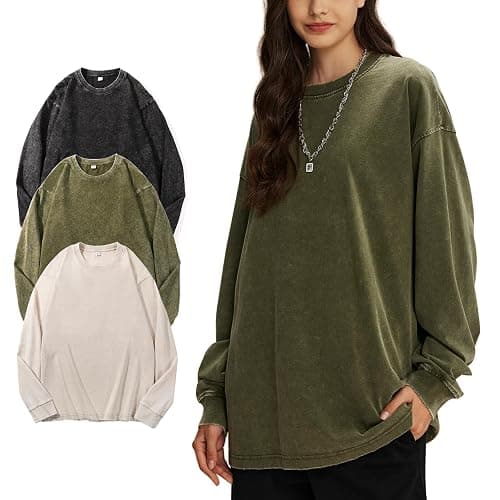 Wyeysyt 3 Pack Oversized Tshirts for Women Long Sleeve Cotton T-Shirts Vintage Acid Wash Baggy Unisex T Shirts - Image 1
