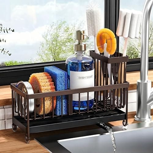 Cisily Brown Sponge Holder for Kitchen Sink, Sink Caddy Organizer with High Brush Holder, Kitchen Countertop Organizers and Storage Essentials, Rustproof 304 Stainless Steel, Soap Dispenser Organize - Image 1