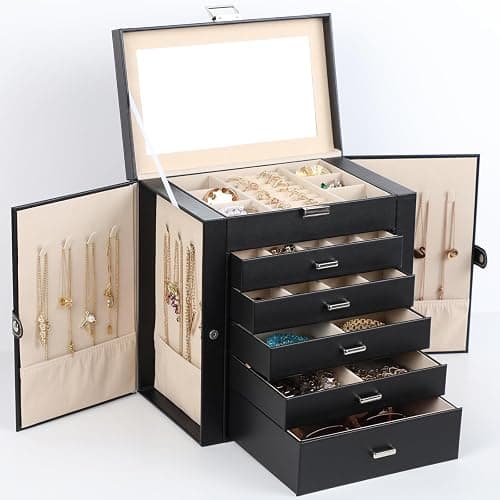 BOOVO Jewelry Box For women, 6 Layer Large Jewelry Organizer With Mirror, Multi-Function Storage Box With Lock, Necklace Holder With 5 Drawers, For Earrings Necklace Bracelet (Silver and Black) - Image 1