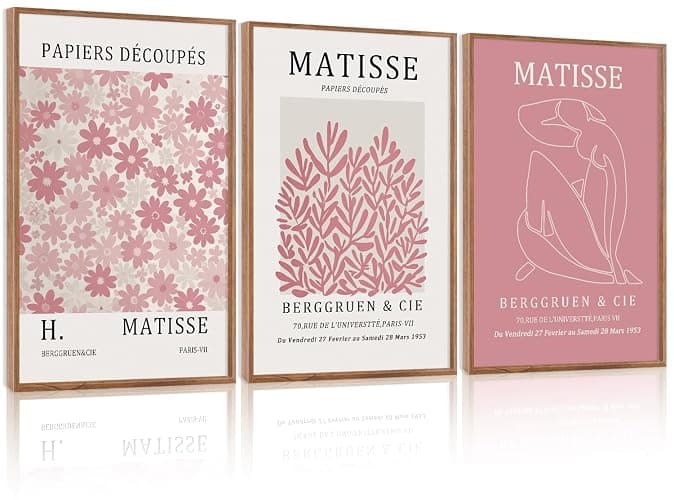 HLNIUC Matisse Pink Framed Wall Art Set,Neutral Pink Flower Canvas Wall Decor Set of 3(24”x36’) Modern Aesthetic Pictures Painting,Abstract Floral Market Art Print for Living Room Bedroom Office - Image 1
