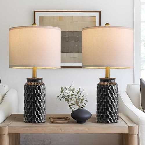 USumkky 20.5" Black Modern Ceramic Bedside Lamp Set of 2 for Bedroom Decor Farmhouse Table Lamp for Living Room Office Dorm - Image 1