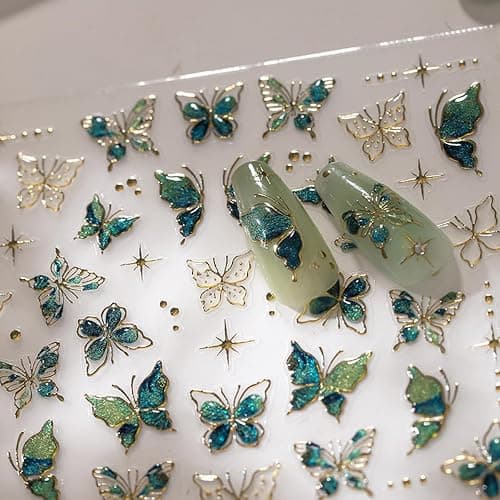 Green Butterfly Nail Stickers 5D Embossed Nail Art Butterfly Nail Decals with Gold Accent Spring Stickers for Nails Designs Self Adhesive Nail Art Supplies for Women Girls DIY Manicure 1 Sheet - Image 1