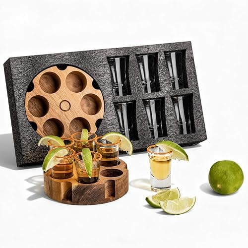 SUN GKOTTA Shot Glass Set Of 6,Tequila Glasses With Wooden Holder-Small Clear Shots For Restaurant,Bar,Party(Rustic Burnt Deluxe) - Image 1
