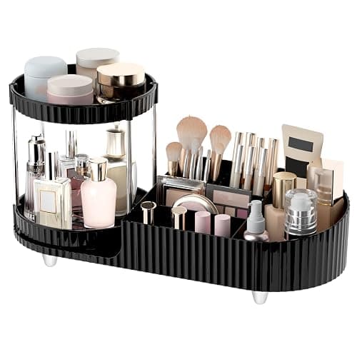 Makeup Organizer Countertop for Vanity with 360 Rotating Perfume Trays, 7-Compartment Skincare Organizers and Make Up Desk Storage, Cosmetic Organizer with Brush Holder for Bedroom Bathroom Counter - Image 1