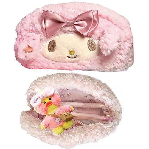Vobomo Cute Bow Lamb Large Capacity Pencil Case Plush Pen Holder Sweety Pencil Pouch Box Cute Aesthetic Pen Case (Strawberry pink) - Image 1