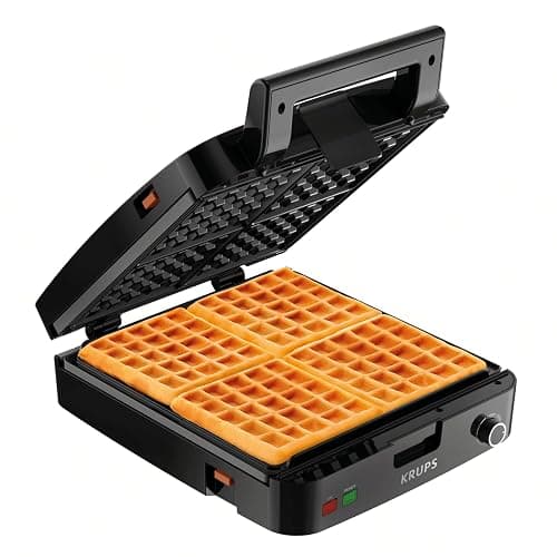 KRUPS 4-Slice Belgian Waffle Maker: Stainless Steel, 5 Browning Levels, Audible Ready Beep, Removable Plates, 1200W, Silver/Black, Large Waffle Maker Family Size, Great for Family Breakfasts - Image 1