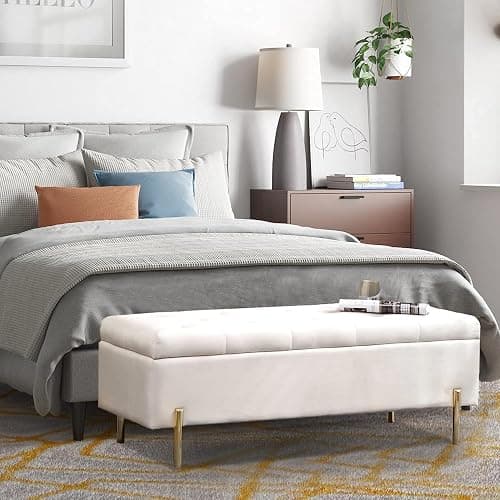Ottoman with Storage Bech, Foot Rest Stool, 45.6 Inch Velvet Upholstered Storage Bench Tufted Settee, Folding Pouf Accent Ottoman, End of Bed Bench with Soft for Living Room Entryway Bedroom, White - Image 1