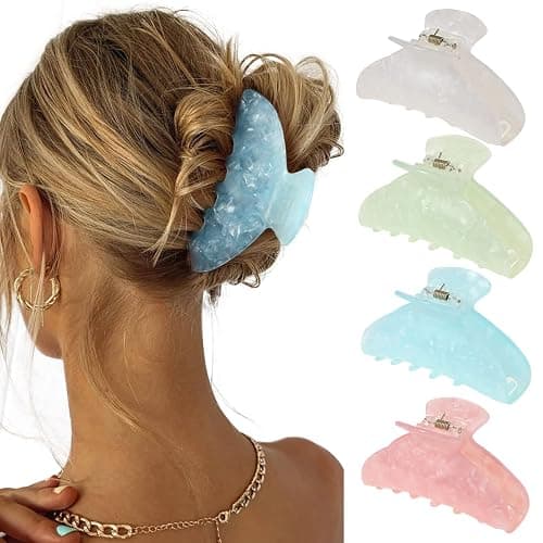 4Pcs Large Acrylic Hair Claw Clips - Hair Clips with Strong Hold for Thick Hair, Non-slip Banana Barrettes for Women Girls (Shell: light green/white/pink/blue) - Image 1