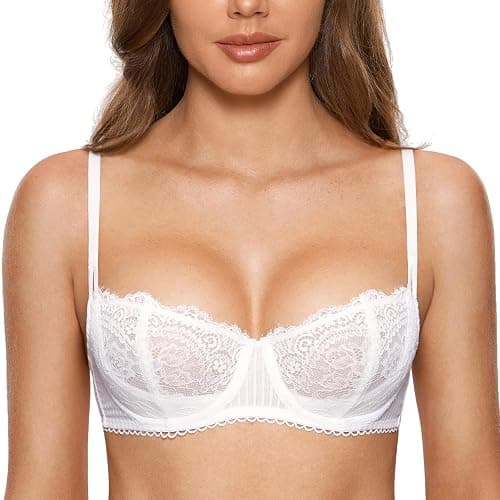 DOBREVA Women's Eyelash Lace Balconette Push Up Bra | Jomarley Lace, Underwire, Double Mesh Layer, X or U Back, Plus Size, See Through - Image 1