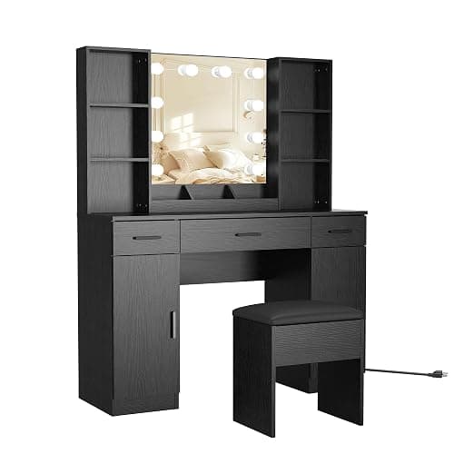 Vanity Desk, Makeup Table with Lights Vanity Set with 3 Drawers, 1 Cabinet & 6 shelves 3 Lighting Modes Brightness Adjustable Dressing Table with Cushioned Stool for Bedroom, Dressing Room (Black) - Image 1