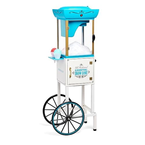Nostalgia Snow Cone Shaved Ice Machine - Retro Cart Slushie Machine Makes 48 Icy Treats - Includes Metal Scoop, Storage Compartment, Wheels for Easy Mobility - White, Blue - Image 1